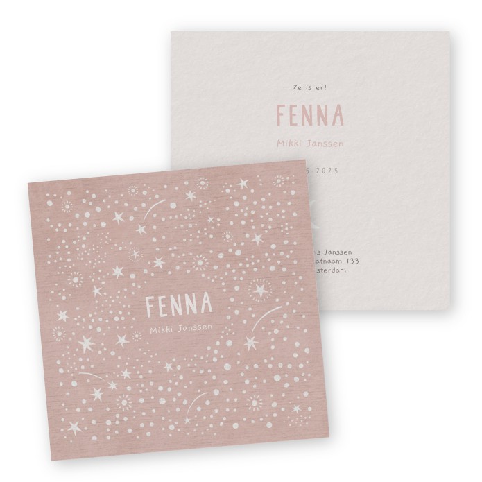 Geboortekaartje Fenna sterrenhemel lichtroze vierkant