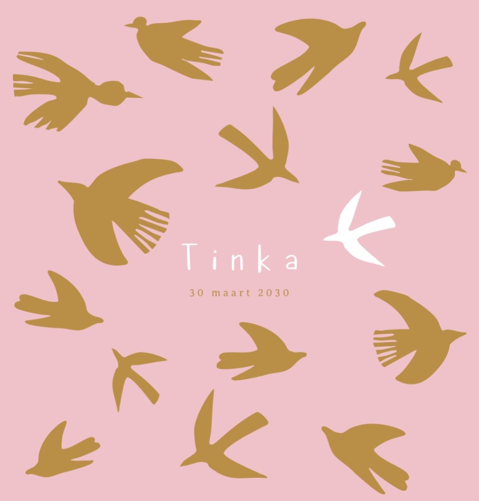 hip geboortekaartje met goudfolie en abstracte vogeltjes patroon in goud en zuurstok roze kleuren voor een meisje