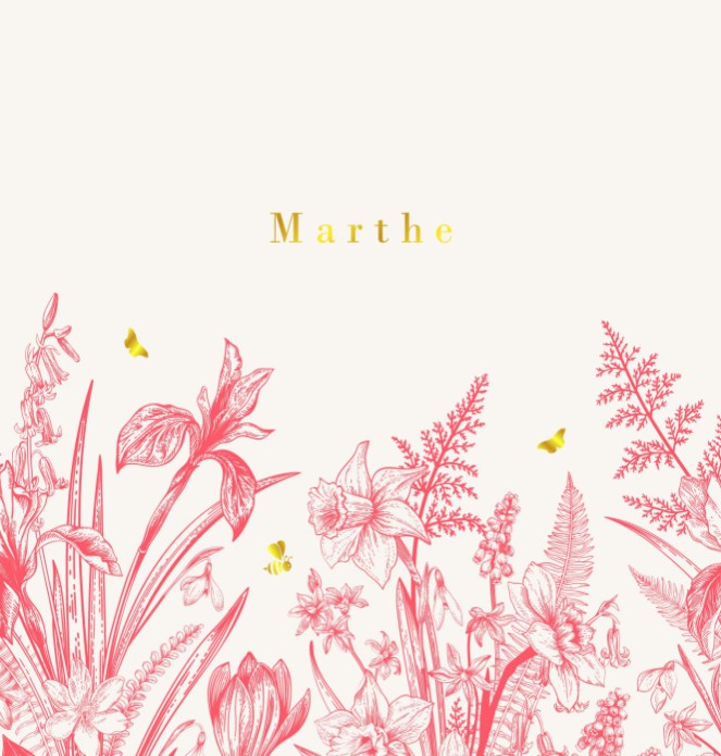 Geboortekaartje getekende wilde bloemen Marthe dubbel