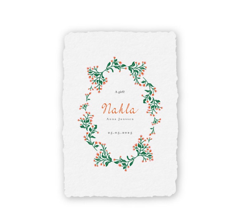 Geboortekaartje handgeschept met een bloemen border - Nahla