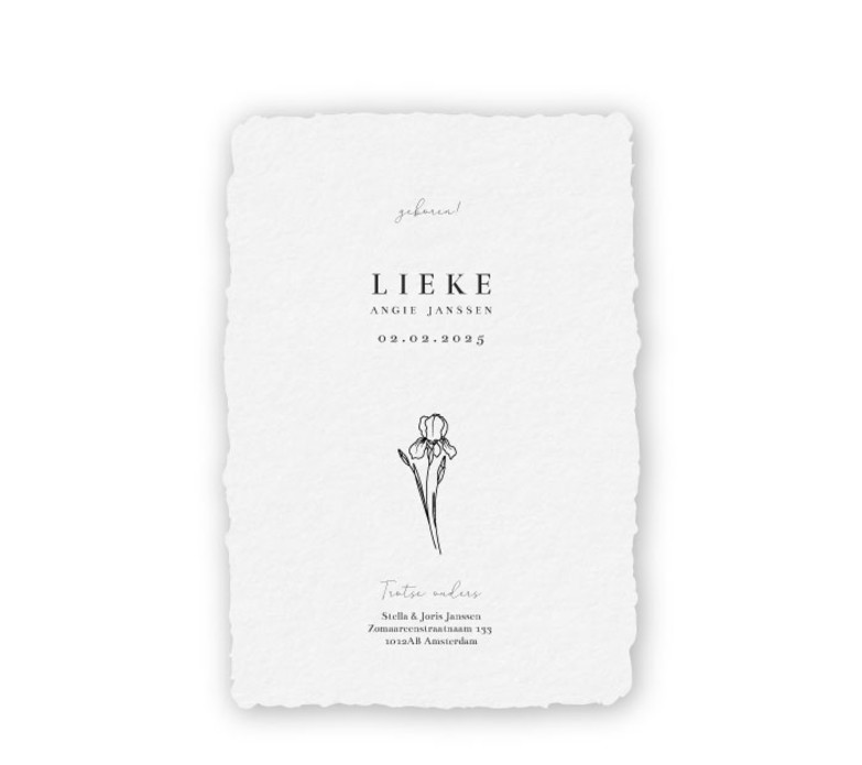 Geboortekaartje handgeschept papier met de geboortebloem februari - Lieke