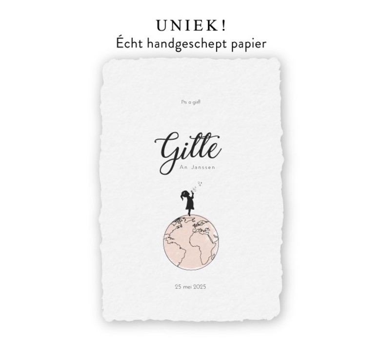 Geboortekaartje handgeschept wereldbol