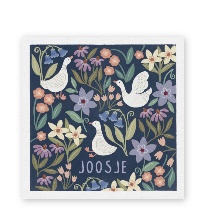 Geboortekaartje Joosje gansje en bloemen patroon Donkerblauw - Froukje den Nijs