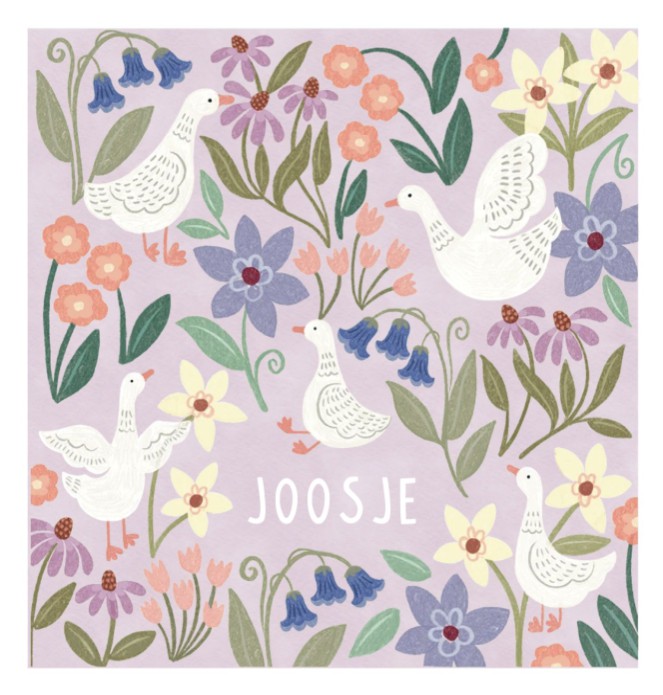 Geboortekaartje Joosje 5 gansjes lila dubbel - Froukje den Nijs