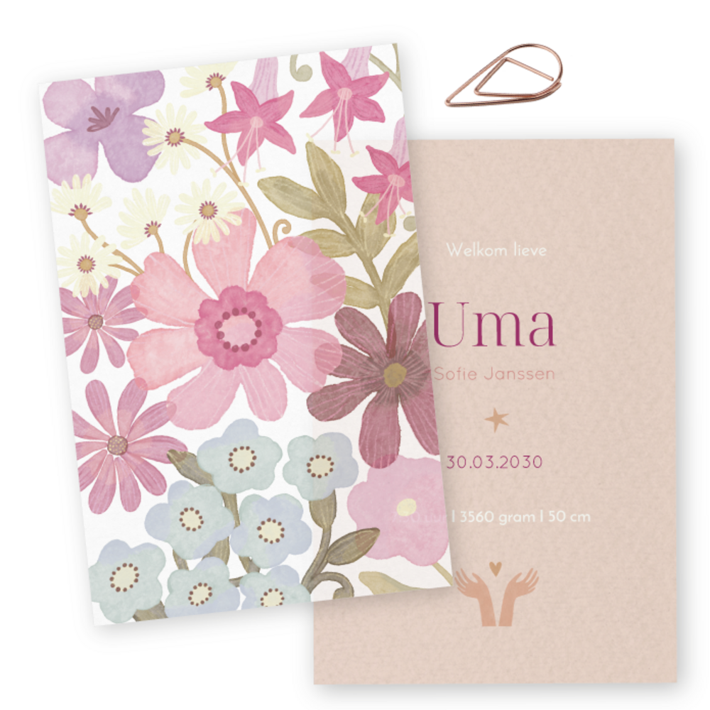 Geboortekaartje kalk waterverf bloemen Uma - Froukje