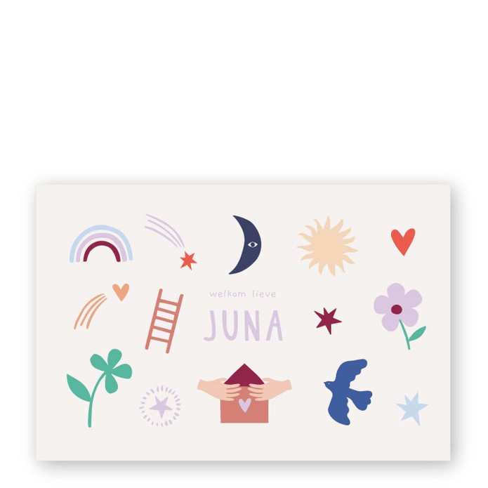 Geboortekaartje kleurrijke symbolen Juna - Froukje den Nijs