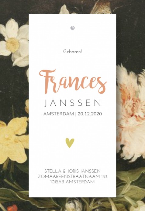 Geboortekaartje label splitpen bloemen Frances