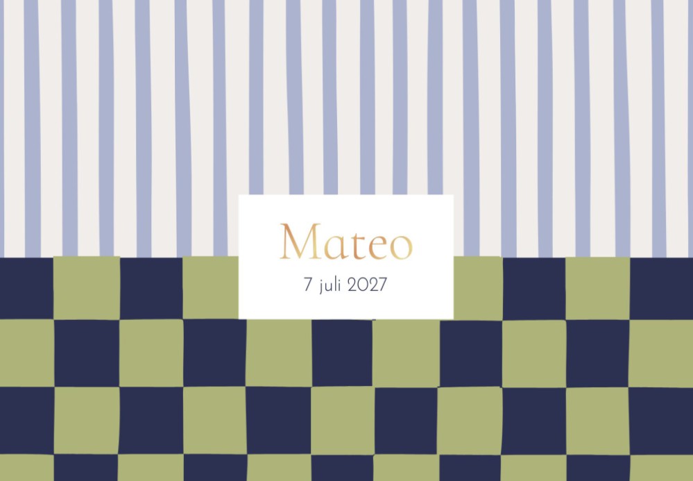 Geboortekaartje Mateo strepen en blokken goud folie