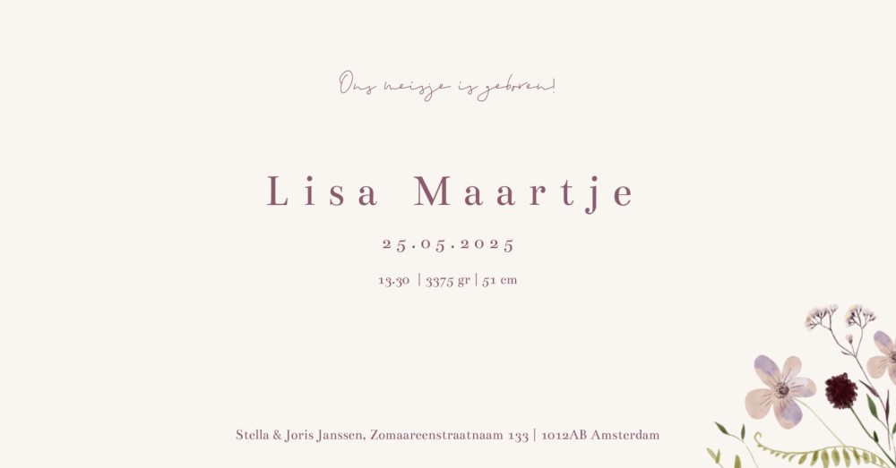 geboortekaartje meisjes met bloemen perk