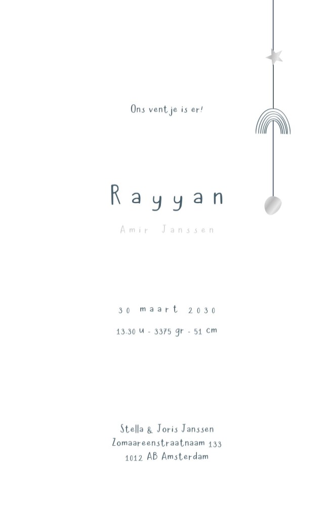 moden geboortekaartje baby mobiel zilver folie jongen