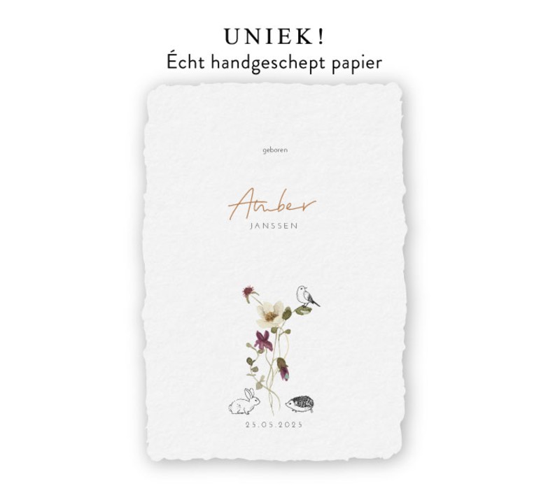 Geboortekaartje handgeschept botanisch