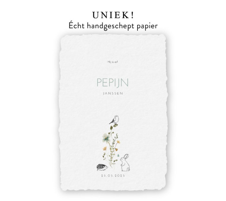 Geboortekaartje handgeschept botanisch