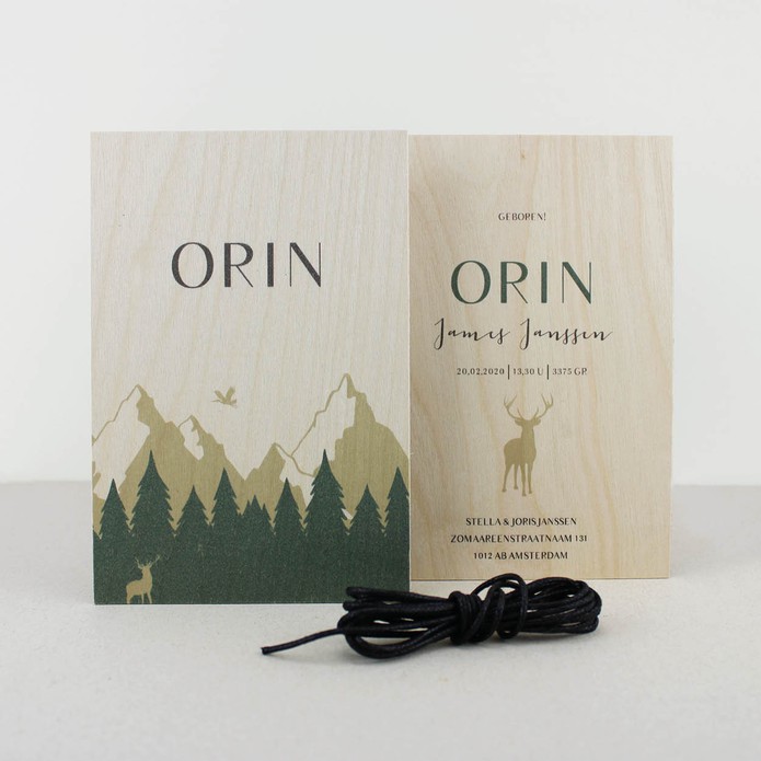 Geboortekaartje echt hout Orin