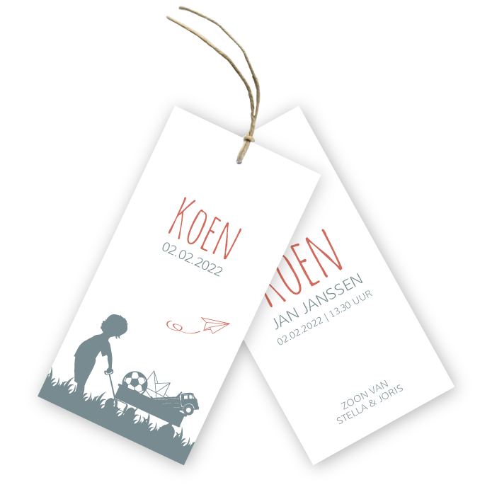 Geboortelabel jongetje bolderkar en speelgoed Koen