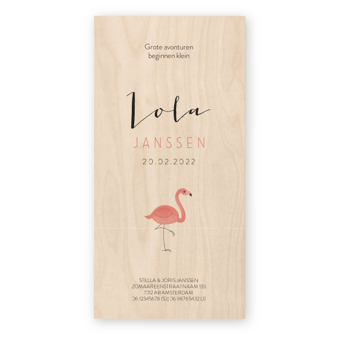 Geboortekaartje hout flamingo Lola