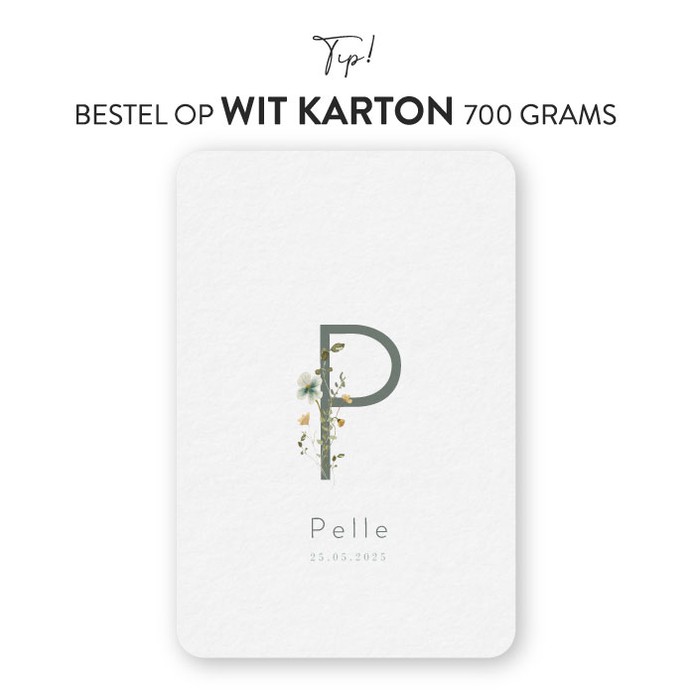 Geboortekaartje karton floral letter Pelle