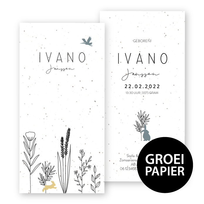 Geboortekaartje groeipapier Ivano