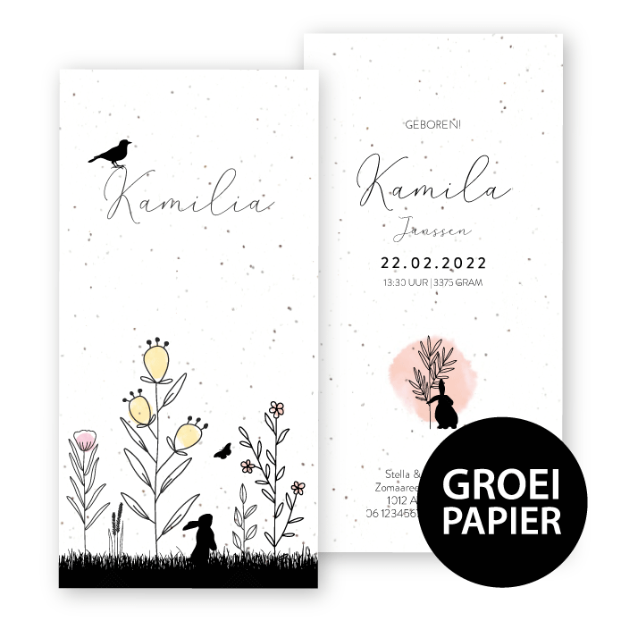Geboortekaartje groeipapier Kamilia getekende takjes