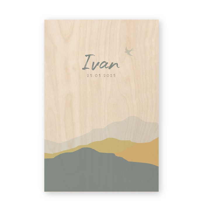 Geboortekaartje hout bergen Ivan