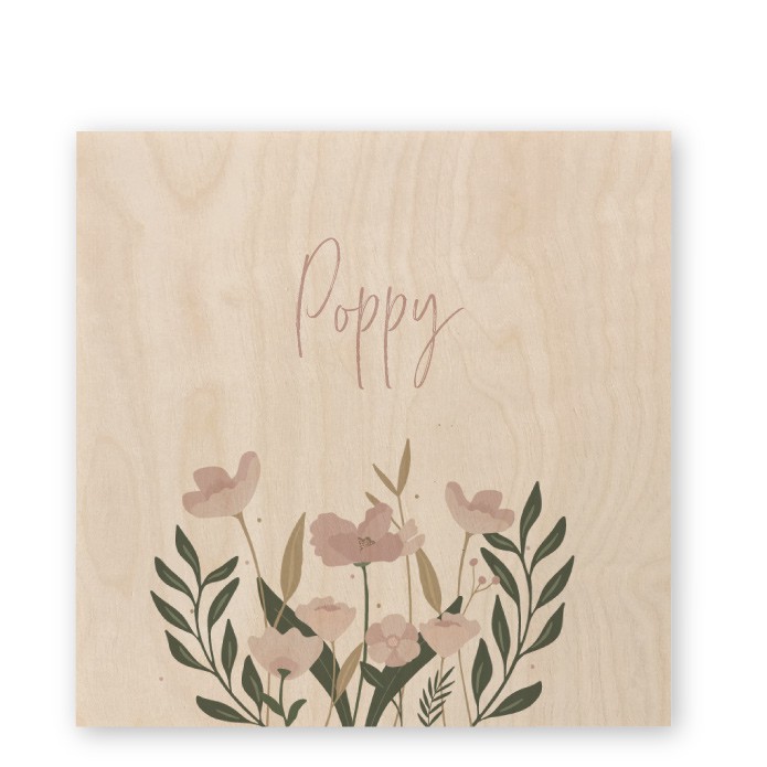 Geboortekaartje hout botanisch bloemen Poppy