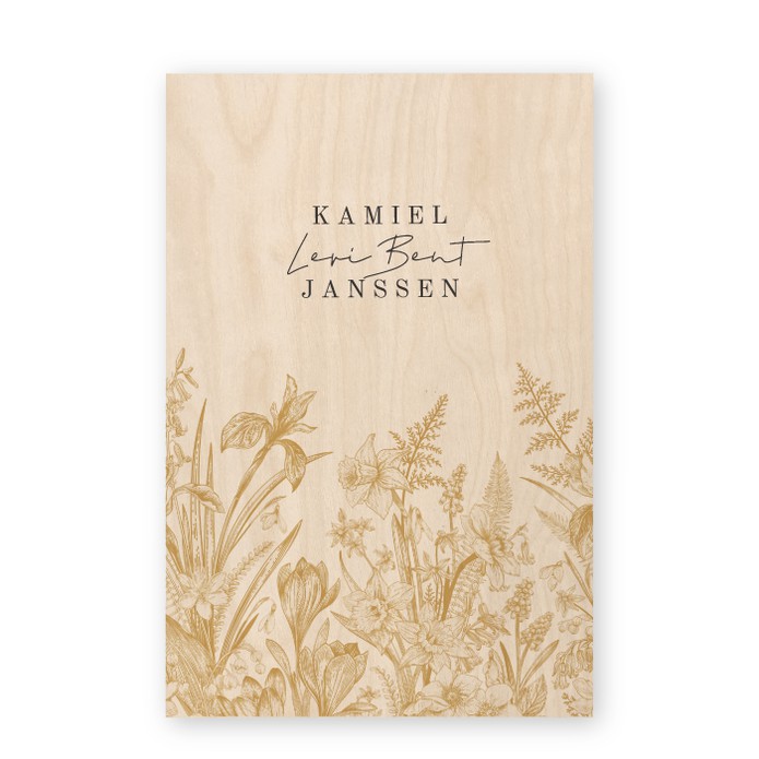 Geboortekaartje hout wilde bloemen Kamiel