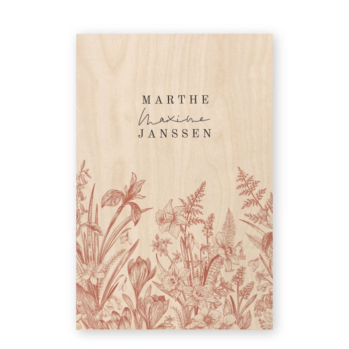 Geboortekaartje hout wilde bloemen Marthe