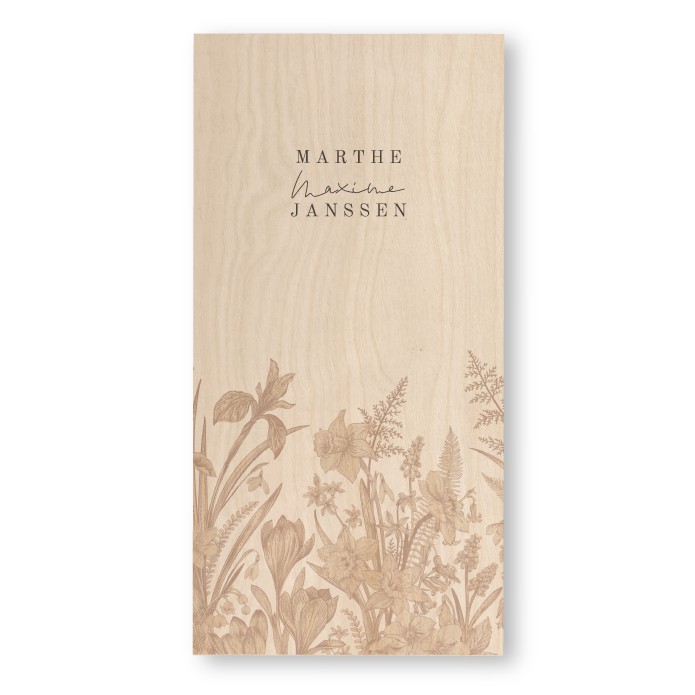 Geboortekaartje hout wilde bloemen staand Marthe