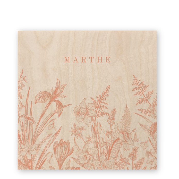 Geboortekaartje hout wilde bloemen vierkant Marthe