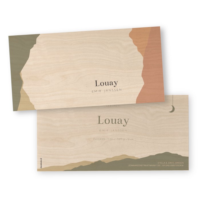 Geboortekaartje houten abstract bergen Louay