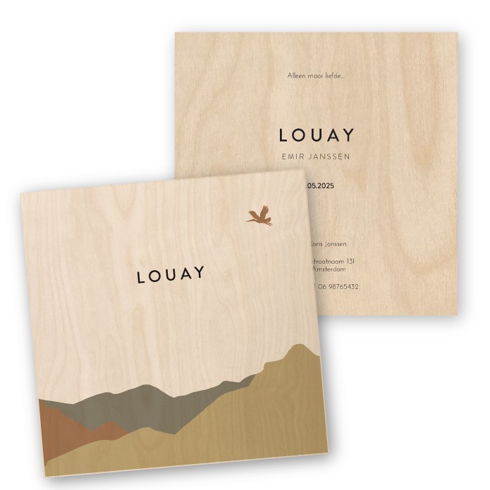 Geboortekaartje houten bergen Louay