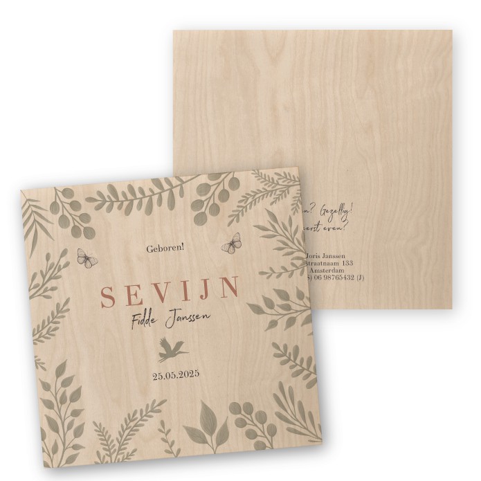 Houten botanisch geboortekaartje Sevijn