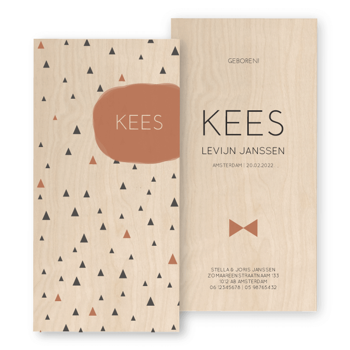 Geboortekaartje echt hout geometrisch Kees