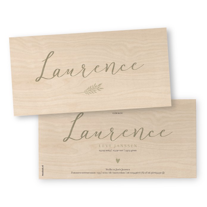 geboortekaartje hout botanisch takje Laurence