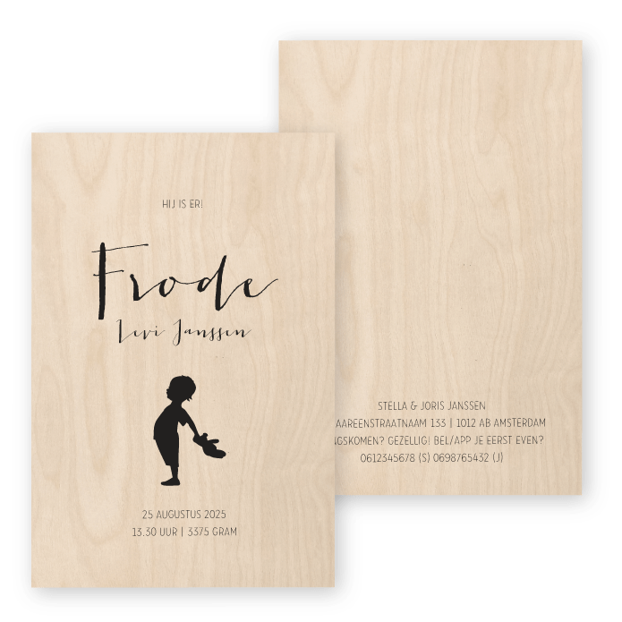 Geboortekaartje echt hout Frode