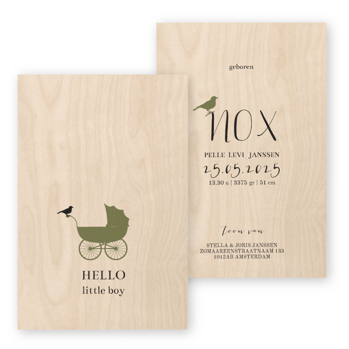 Geboortekaartje hout vintage kinderwagen Nox