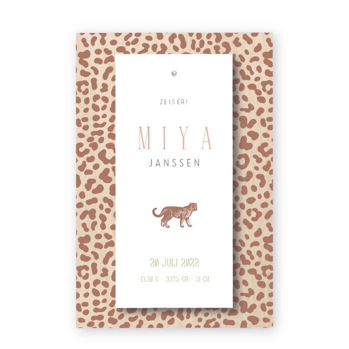 Geboortekaartje hout klembord panterprint Miya
