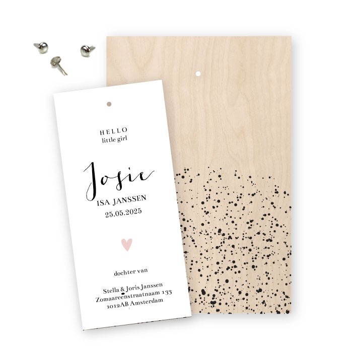 Geboortekaartje hout spetterpatroon Josie