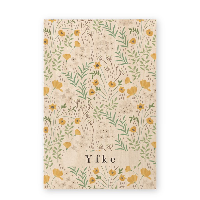 Geboortekaartje echt hout lente bloemen Yfke