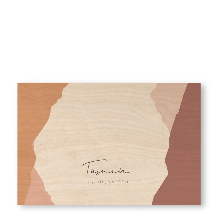 Geboortekaartje hout bergen pastel kleuren Tasnim