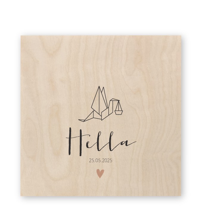 Geboortekaartje hout geometrisch ooievaar Hella