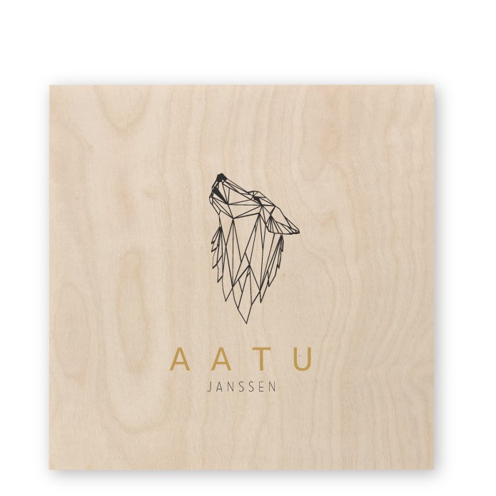 Geboortekaartje hout vierkant geometrisch wolf Aatu