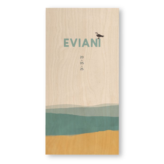 Geboortekaartje hout waterverf zee Eviani