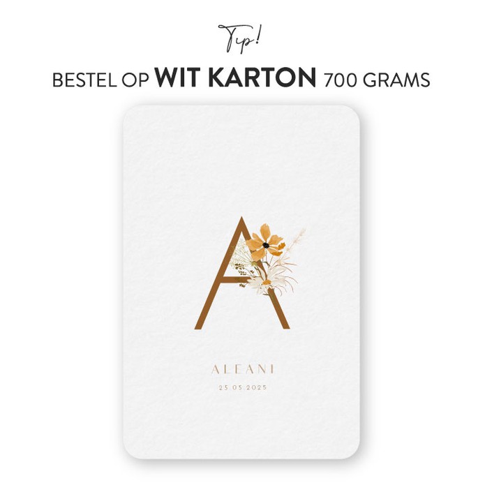 Geboortekaartje karton floral letter Aleani