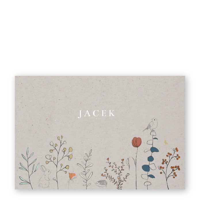 stoer geboortekaartje met getekende bloemen en dieren