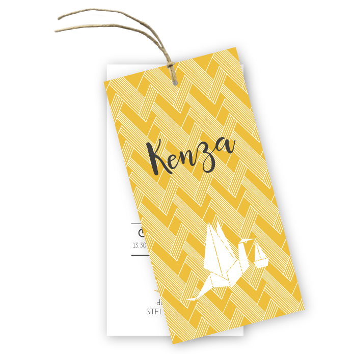 Geboortekaartje label geometrisch patroon en ooievaar Kenza