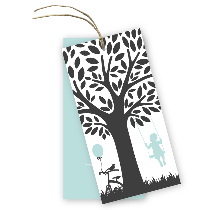 Geboortekaartje label jongen boom met schommel Lucs