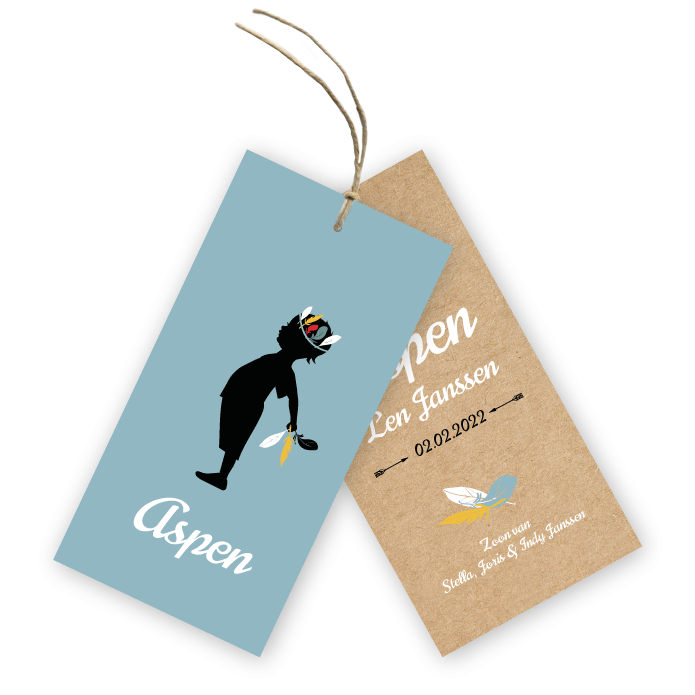 Geboortekaart label jongetje met veren Aspen