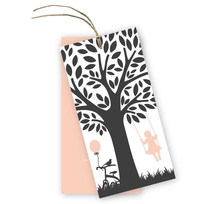 Geboortekaartje label meisje boom met schommel Veere