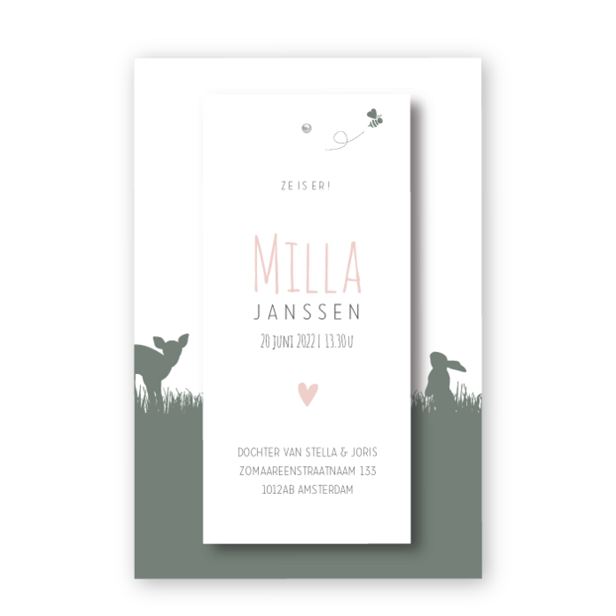 Geboortekaartje label klembord splitpen Milla