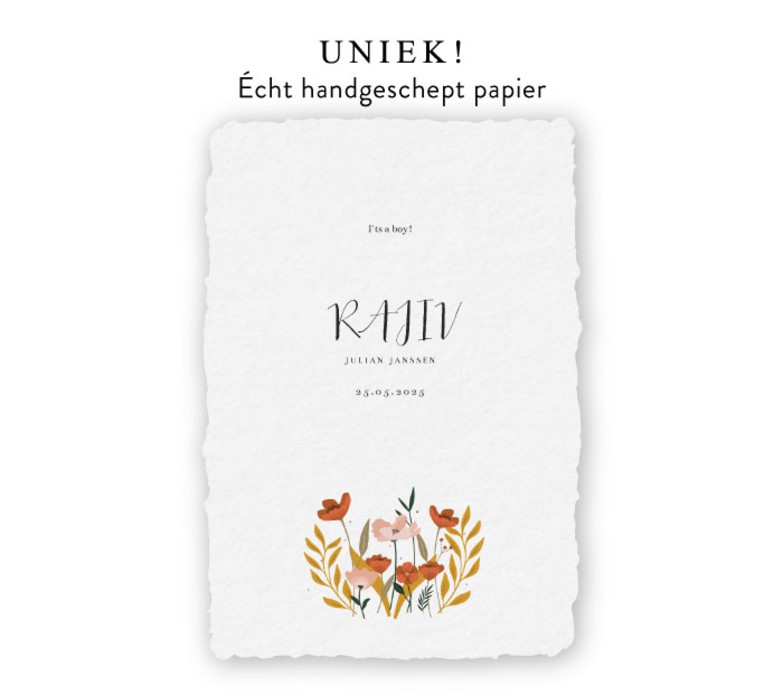 Handgeschept papier geboortekaartje met een botanisch bloemperkje - Rajiv